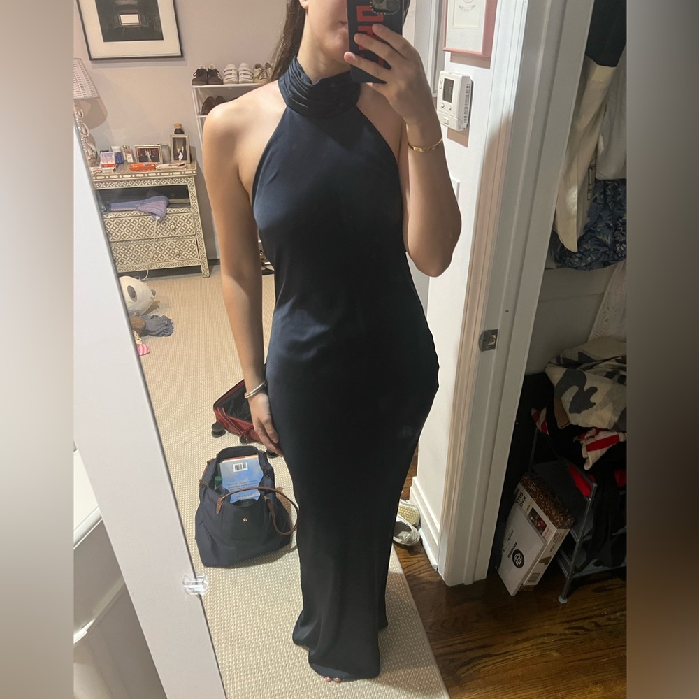 Ramy Brook Tatiana High Neck Gown Stretch Satin Back Slit Halter Gown wit… - Picture 2 of 4